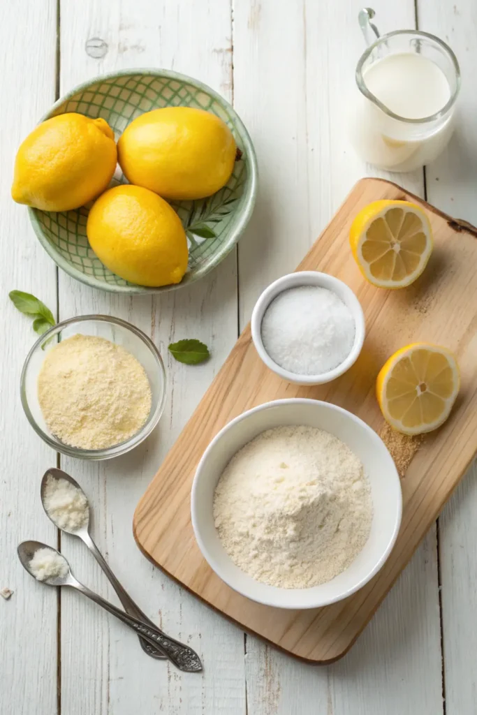 a high quality flat lay image of all the ingredients lemon pancakes