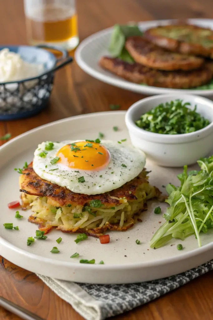 beautifully plated crispy potato rosti is shown