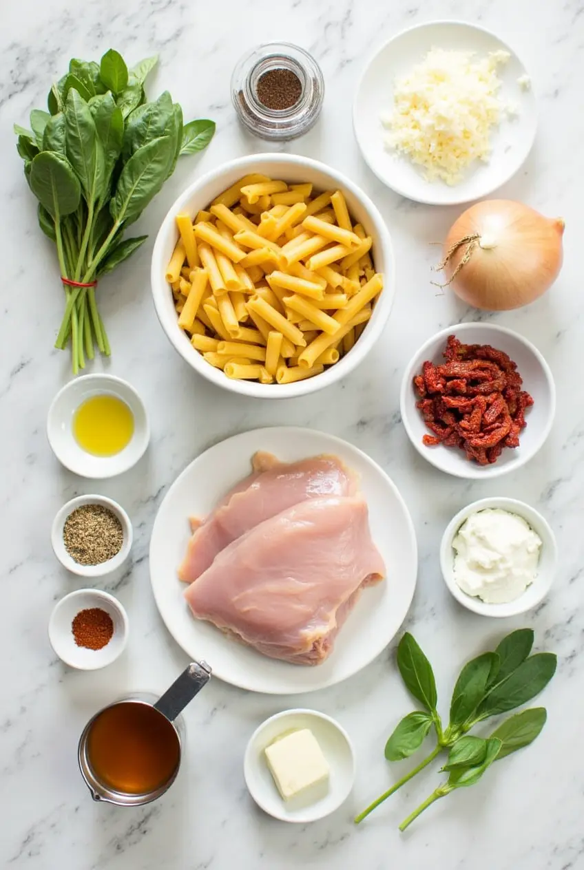 A flat lay of ingredients for Marry Me Chicken Pasta, including diced chicken, uncooked pasta, sun-dried tomatoes, fresh spinach, garlic cloves, grated Parmesan cheese, and various spices, all arranged neatly on a rustic wooden table.