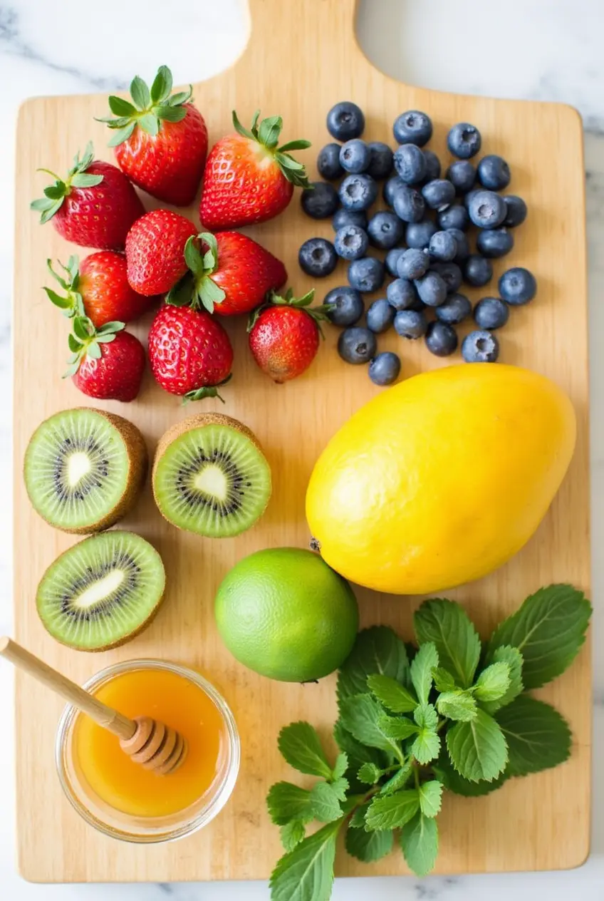Fresh ingredients for homemade fruit cups displayed on a wooden cutting board, including ripe strawberries, blueberries, mango, kiwi, honey, lime, and fresh mint leaves for the refreshing dressing.