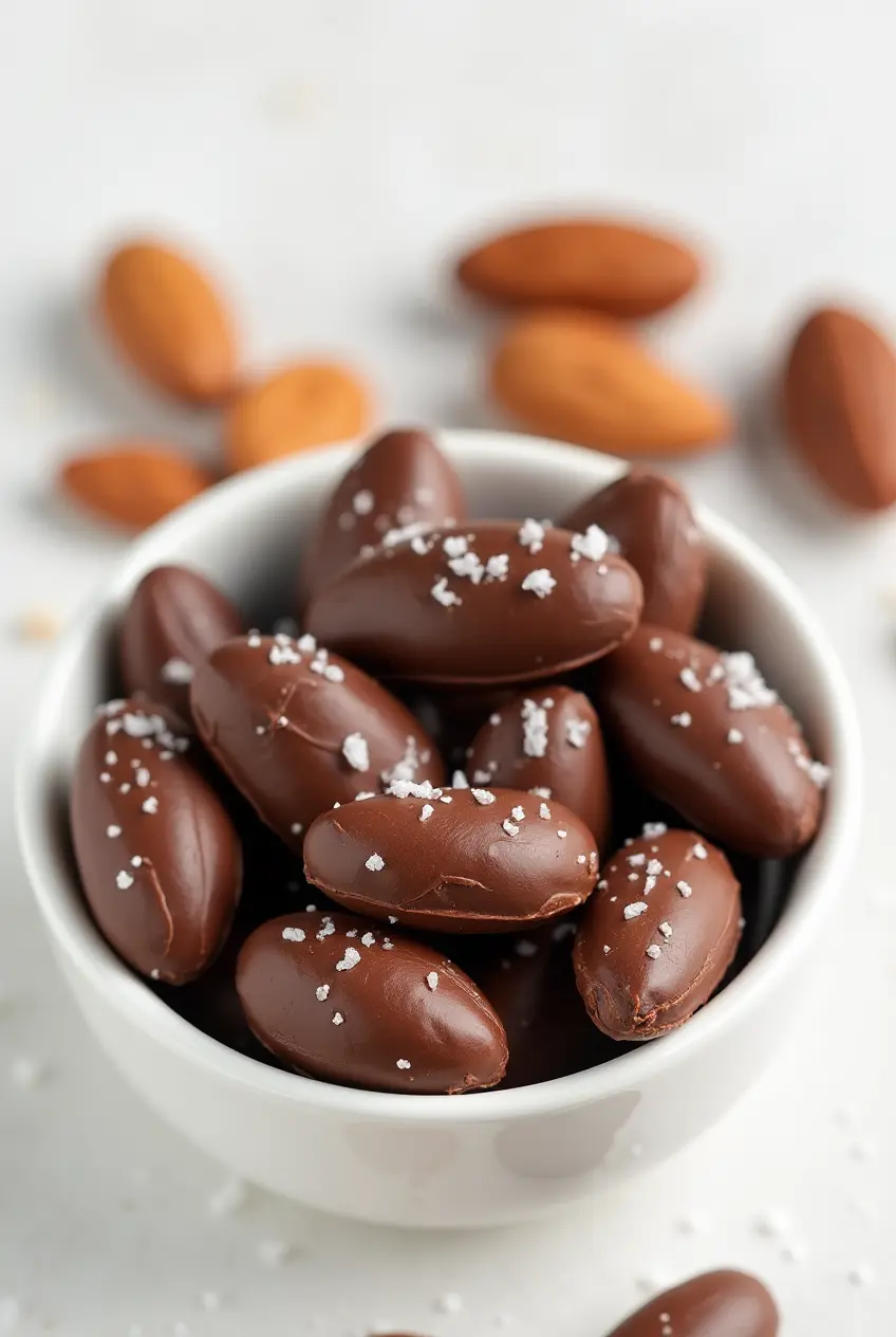 Homemade chocolate covered almonds with glossy dark chocolate coating and sea salt flakes arranged on a white ceramic plate, showcasing both whole pieces and cross-sections revealing the roasted almond inside.