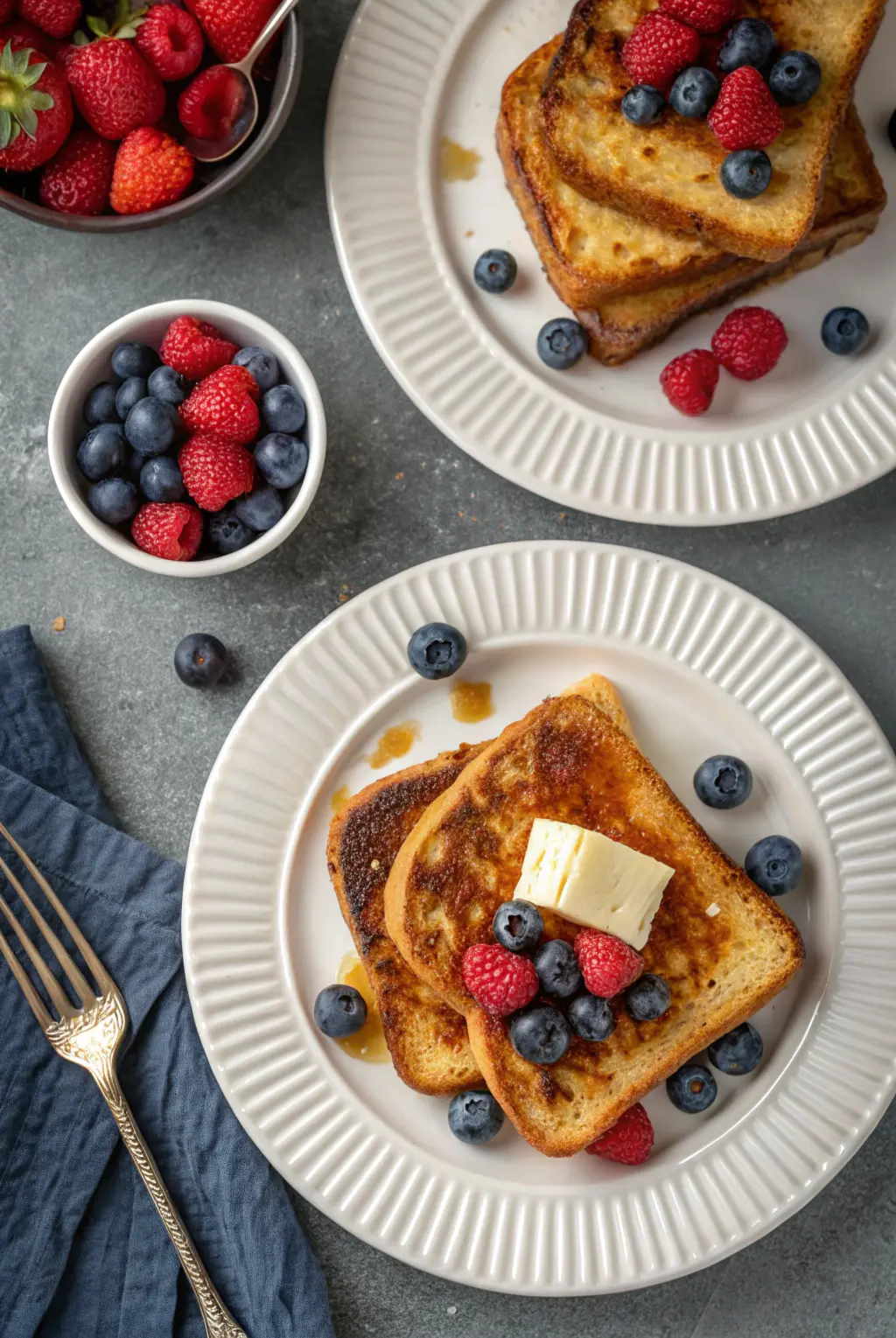 Golden sourdough French toast on white ridged plates topped with melting butter, fresh blueberries and raspberries, with a bowl of mixed berries on concrete background