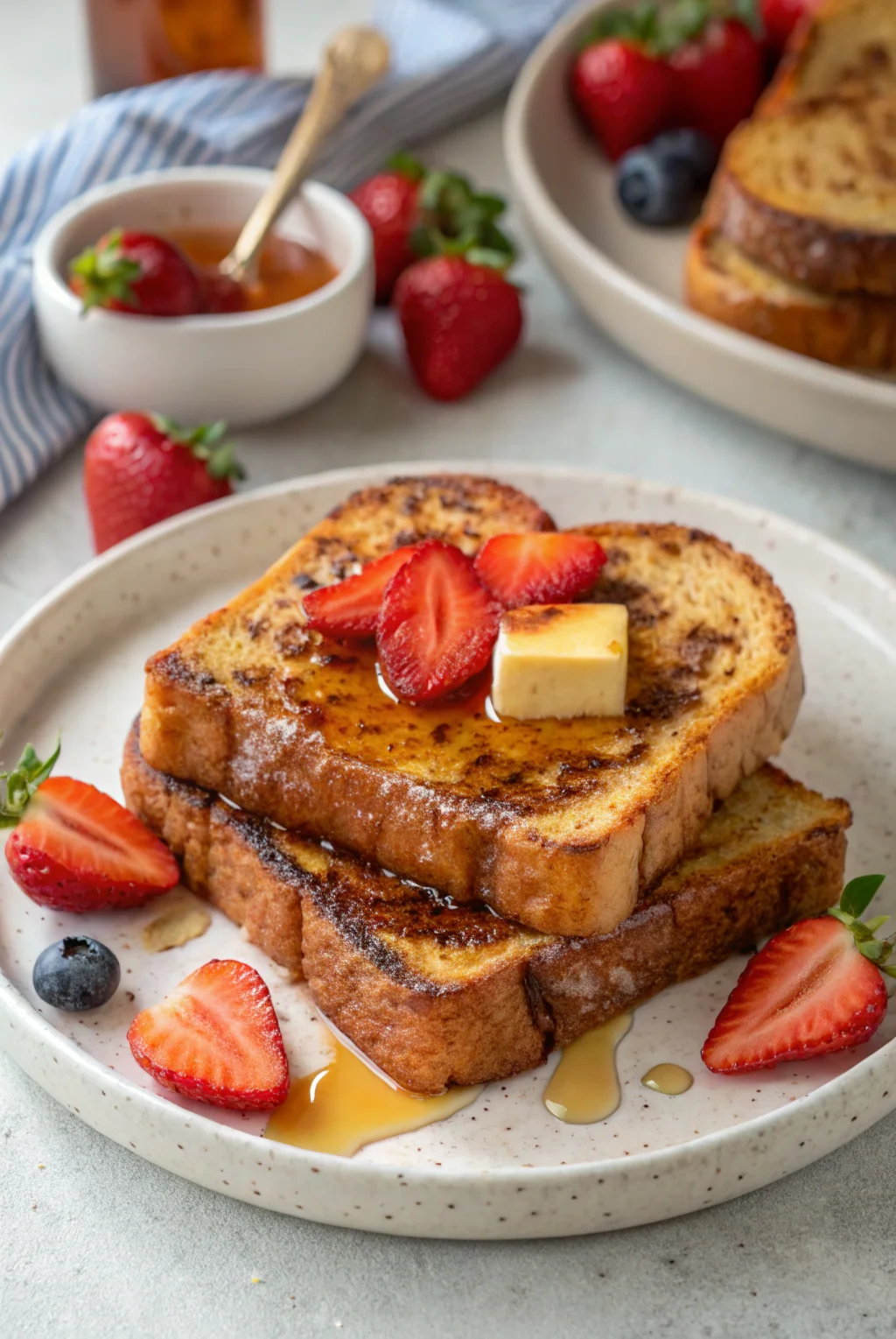 Two golden-brown sourdough french toast slices on white ceramic plate, topped with melting butter, fresh strawberries, and blueberries on modern kitchen counter with natural lighting.
